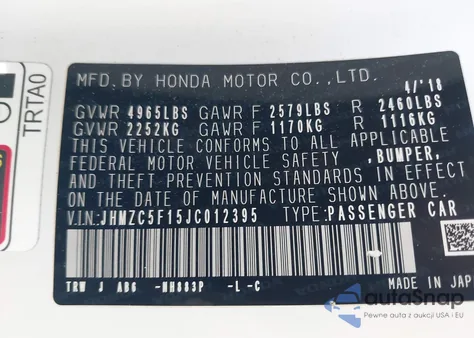 2018 Honda Clarity Plug-In Hybrid из США, поврежденный, VIN JHMZC5F15JC012395